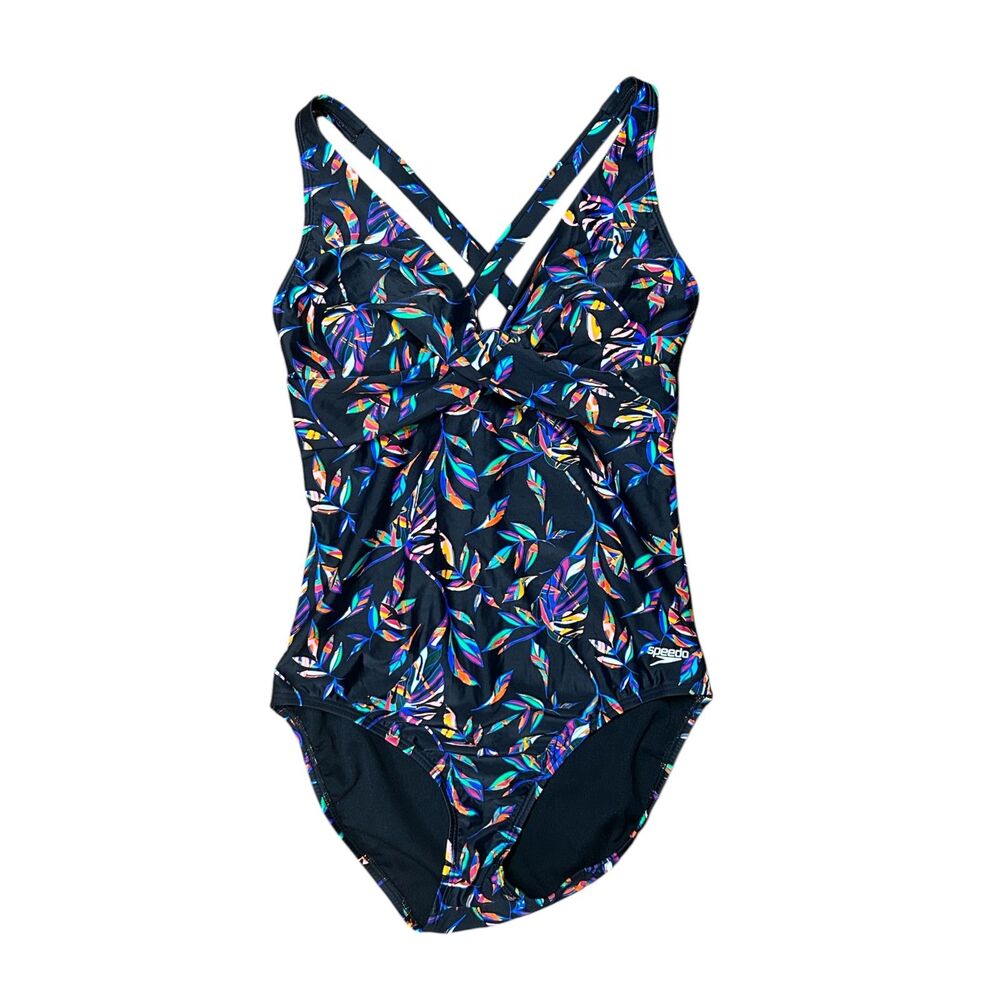 SPEEDO, Women's One-Piece Swimsuit, Black & Multicolored Leaves, Size 10, Used